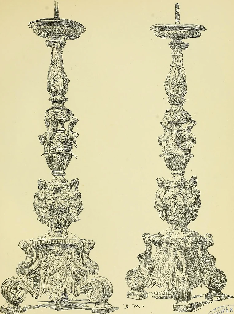 An illustration from L'arte nell'industria : lavori di legno e pastiglia, lavori di metallo, lavori di pietra, marmo, alabastro, ceramica, musaico, vetro, lavori di osso e avorio, lavori tessili, carte da parati e cuoi decorati, ricami, pizzi, cartelloni, stampe, ecc., 1907, leaf 114