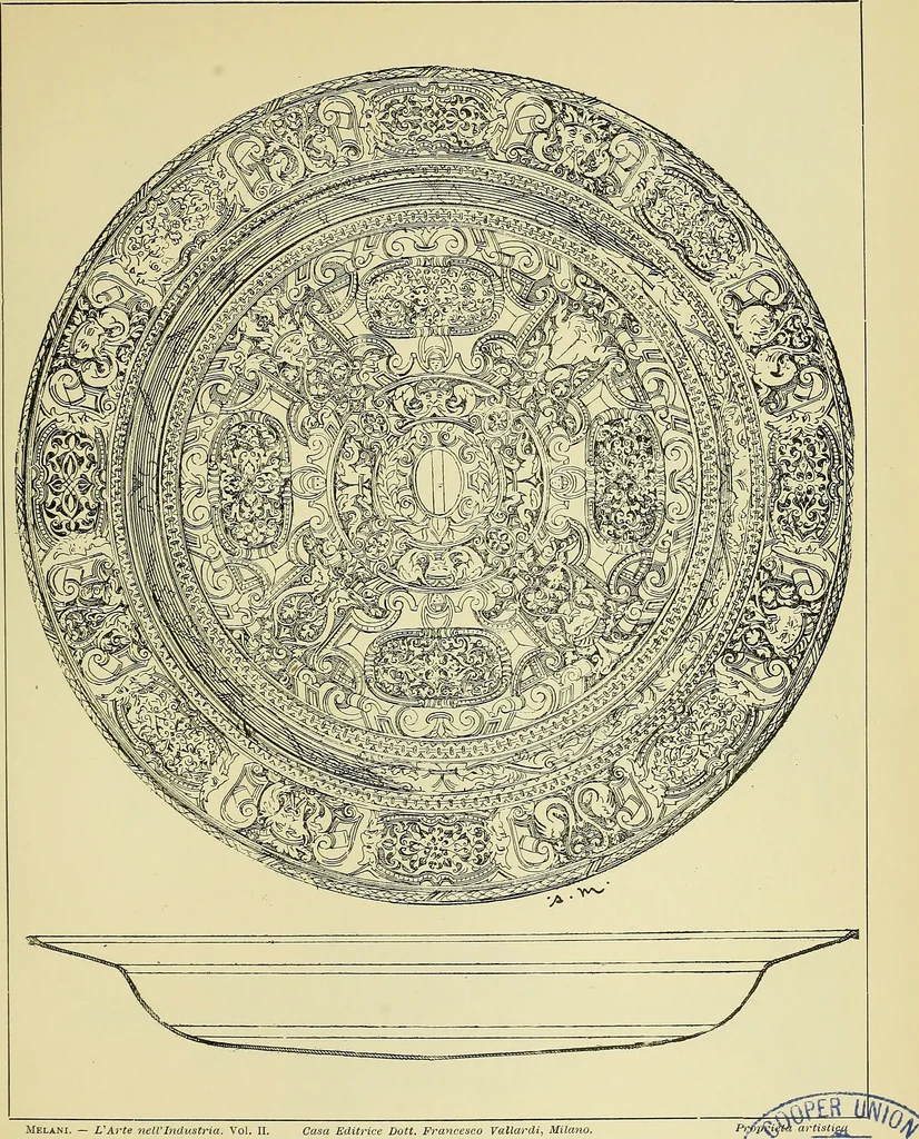 An illustration from L'arte nell'industria : lavori di legno e pastiglia, lavori di metallo, lavori di pietra, marmo, alabastro, ceramica, musaico, vetro, lavori di osso e avorio, lavori tessili, carte da parati e cuoi decorati, ricami, pizzi, cartelloni, stampe, ecc., 1907, leaf 116