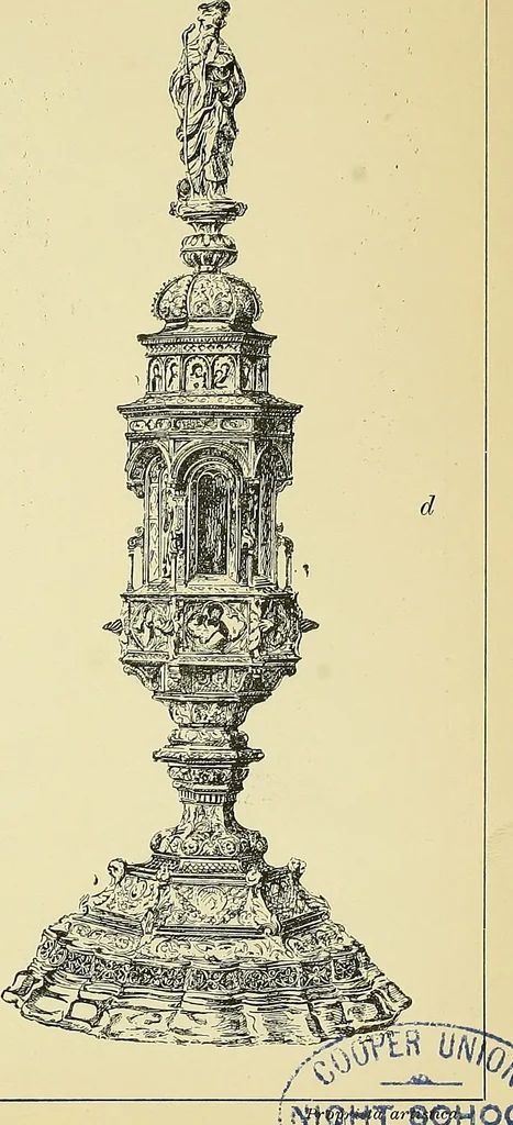 An illustration from L'arte nell'industria : lavori di legno e pastiglia, lavori di metallo, lavori di pietra, marmo, alabastro, ceramica, musaico, vetro, lavori di osso e avorio, lavori tessili, carte da parati e cuoi decorati, ricami, pizzi, cartelloni, stampe, ecc., 1907, leaf 118