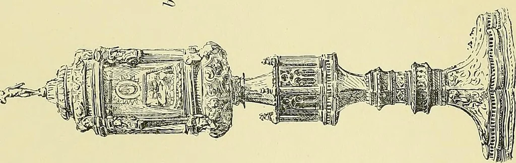 An illustration from L'arte nell'industria : lavori di legno e pastiglia, lavori di metallo, lavori di pietra, marmo, alabastro, ceramica, musaico, vetro, lavori di osso e avorio, lavori tessili, carte da parati e cuoi decorati, ricami, pizzi, cartelloni, stampe, ecc., 1907, leaf 118