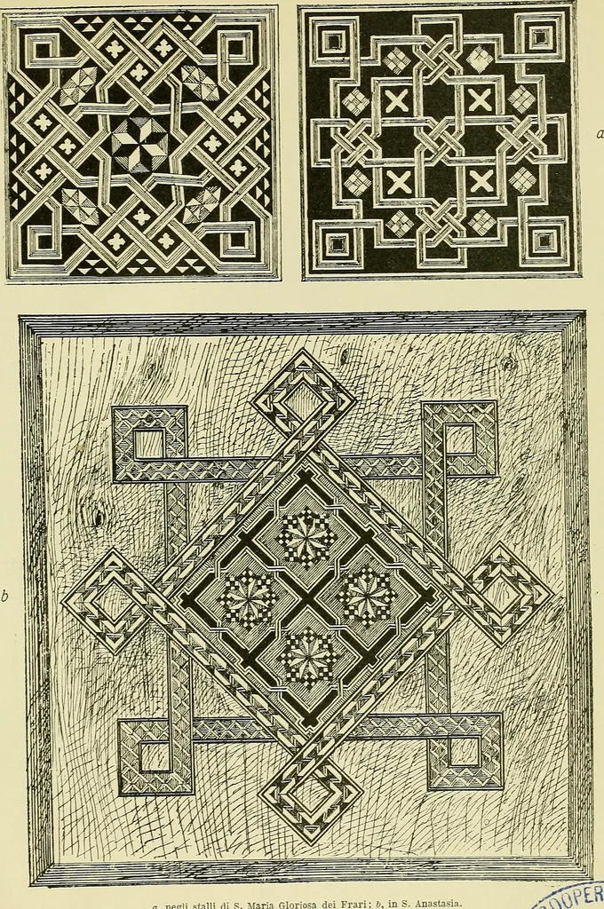 An illustration from L'arte nell'industria : lavori di legno e pastiglia, lavori di metallo, lavori di pietra, marmo, alabastro, ceramica, musaico, vetro, lavori di osso e avorio, lavori tessili, carte da parati e cuoi decorati, ricami, pizzi, cartelloni, stampe, ecc., 1907, leaf 12