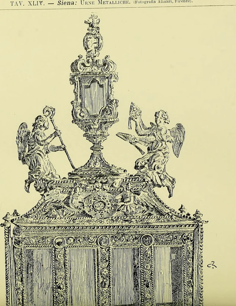 An illustration from L'arte nell'industria : lavori di legno e pastiglia, lavori di metallo, lavori di pietra, marmo, alabastro, ceramica, musaico, vetro, lavori di osso e avorio, lavori tessili, carte da parati e cuoi decorati, ricami, pizzi, cartelloni, stampe, ecc., 1907, leaf 121