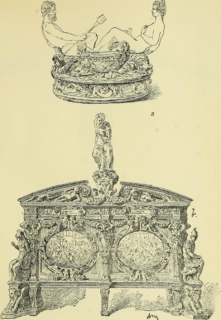 An illustration from L'arte nell'industria : lavori di legno e pastiglia, lavori di metallo, lavori di pietra, marmo, alabastro, ceramica, musaico, vetro, lavori di osso e avorio, lavori tessili, carte da parati e cuoi decorati, ricami, pizzi, cartelloni, stampe, ecc., 1907, leaf 128