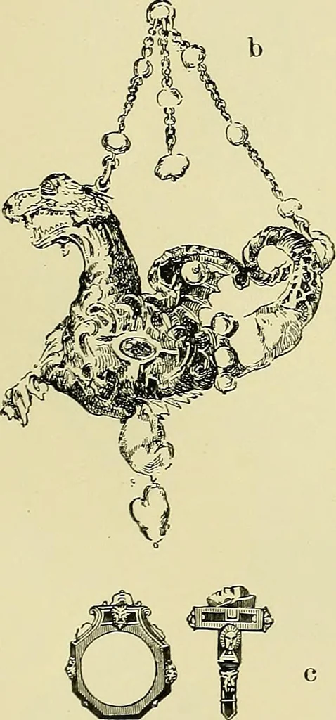 An illustration from L'arte nell'industria : lavori di legno e pastiglia, lavori di metallo, lavori di pietra, marmo, alabastro, ceramica, musaico, vetro, lavori di osso e avorio, lavori tessili, carte da parati e cuoi decorati, ricami, pizzi, cartelloni, stampe, ecc., 1907, leaf 132