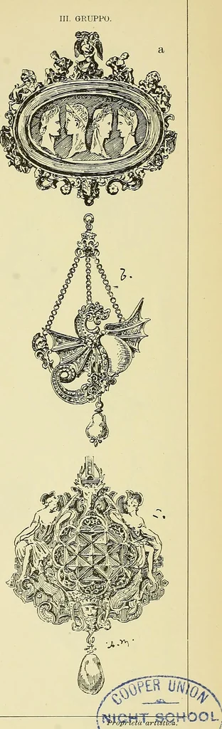An illustration from L'arte nell'industria : lavori di legno e pastiglia, lavori di metallo, lavori di pietra, marmo, alabastro, ceramica, musaico, vetro, lavori di osso e avorio, lavori tessili, carte da parati e cuoi decorati, ricami, pizzi, cartelloni, stampe, ecc., 1907, leaf 132