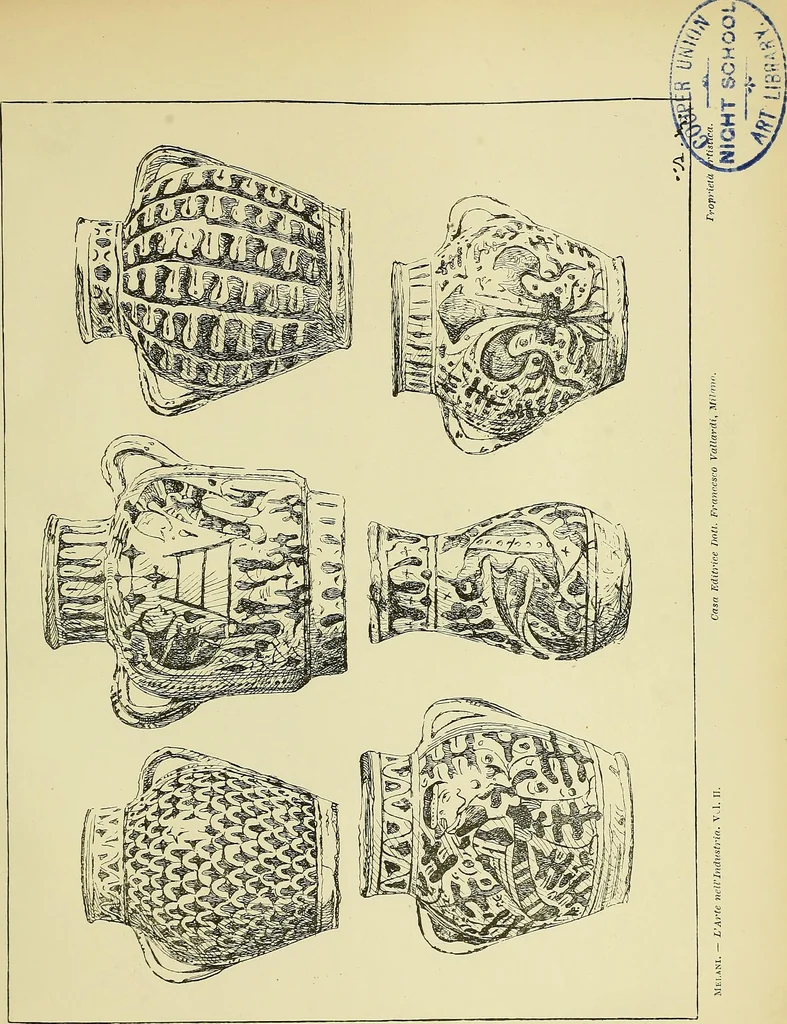 An illustration from L'arte nell'industria : lavori di legno e pastiglia, lavori di metallo, lavori di pietra, marmo, alabastro, ceramica, musaico, vetro, lavori di osso e avorio, lavori tessili, carte da parati e cuoi decorati, ricami, pizzi, cartelloni, stampe, ecc., 1907, leaf 138