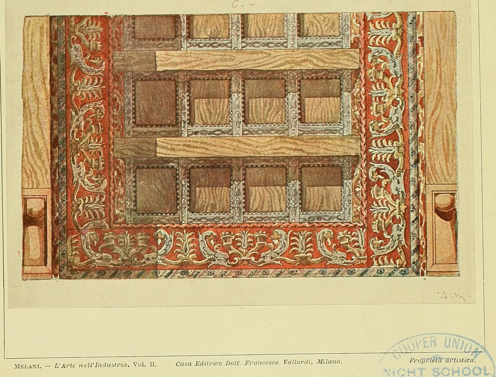 An illustration from L'arte nell'industria : lavori di legno e pastiglia, lavori di metallo, lavori di pietra, marmo, alabastro, ceramica, musaico, vetro, lavori di osso e avorio, lavori tessili, carte da parati e cuoi decorati, ricami, pizzi, cartelloni, stampe, ecc., 1907, leaf 14