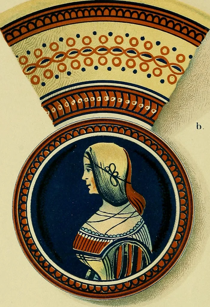 An illustration from L'arte nell'industria : lavori di legno e pastiglia, lavori di metallo, lavori di pietra, marmo, alabastro, ceramica, musaico, vetro, lavori di osso e avorio, lavori tessili, carte da parati e cuoi decorati, ricami, pizzi, cartelloni, stampe, ecc., 1907, leaf 141