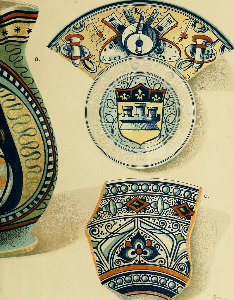 An illustration from L'arte nell'industria : lavori di legno e pastiglia, lavori di metallo, lavori di pietra, marmo, alabastro, ceramica, musaico, vetro, lavori di osso e avorio, lavori tessili, carte da parati e cuoi decorati, ricami, pizzi, cartelloni, stampe, ecc., 1907, leaf 142