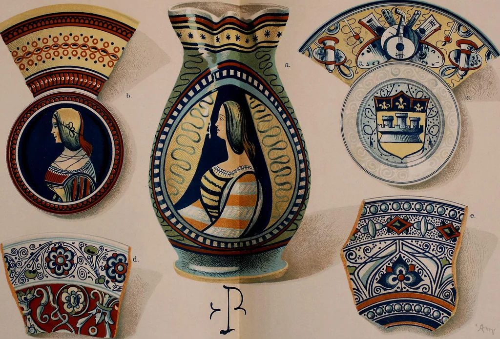 An illustration from L'arte nell'industria : lavori di legno e pastiglia, lavori di metallo, lavori di pietra, marmo, alabastro, ceramica, musaico, vetro, lavori di osso e avorio, lavori tessili, carte da parati e cuoi decorati, ricami, pizzi, cartelloni, stampe, ecc., 1907, leaf 144
