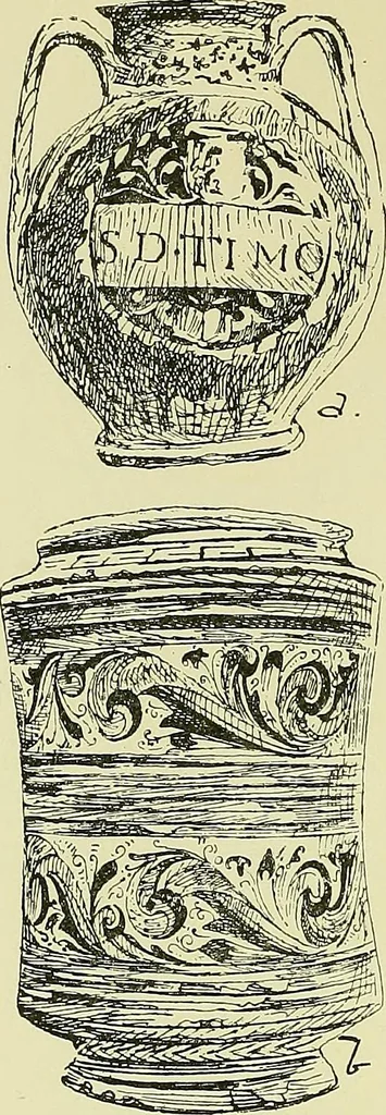 An illustration from L'arte nell'industria : lavori di legno e pastiglia, lavori di metallo, lavori di pietra, marmo, alabastro, ceramica, musaico, vetro, lavori di osso e avorio, lavori tessili, carte da parati e cuoi decorati, ricami, pizzi, cartelloni, stampe, ecc., 1907, leaf 147