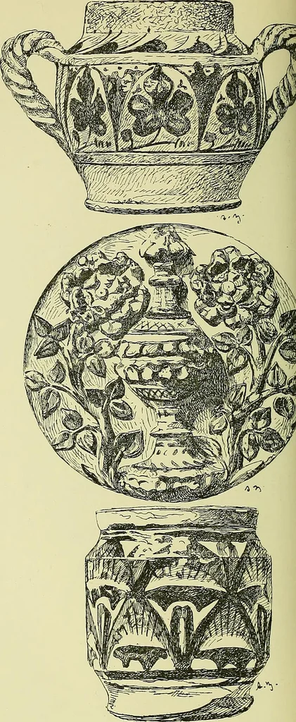 An illustration from L'arte nell'industria : lavori di legno e pastiglia, lavori di metallo, lavori di pietra, marmo, alabastro, ceramica, musaico, vetro, lavori di osso e avorio, lavori tessili, carte da parati e cuoi decorati, ricami, pizzi, cartelloni, stampe, ecc., 1907, leaf 147