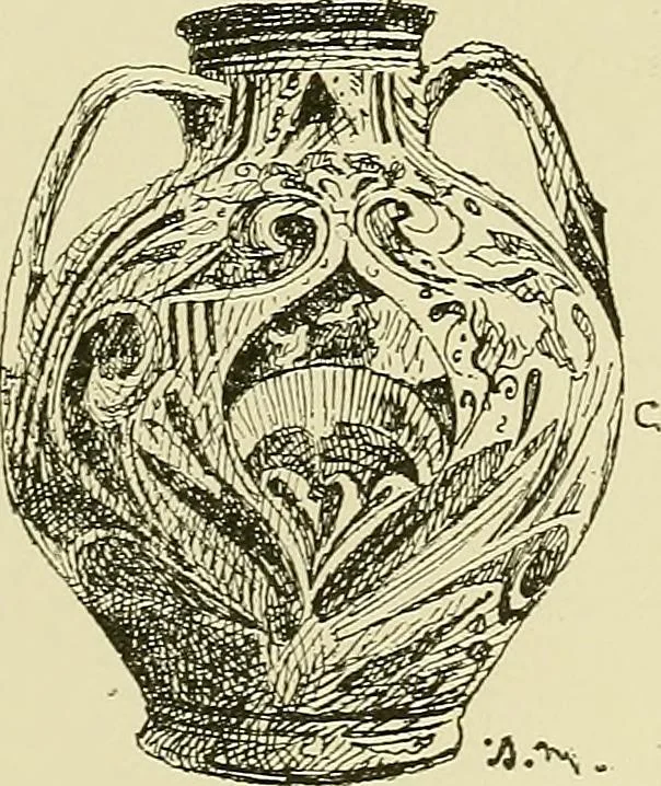 An illustration from L'arte nell'industria : lavori di legno e pastiglia, lavori di metallo, lavori di pietra, marmo, alabastro, ceramica, musaico, vetro, lavori di osso e avorio, lavori tessili, carte da parati e cuoi decorati, ricami, pizzi, cartelloni, stampe, ecc., 1907, leaf 148