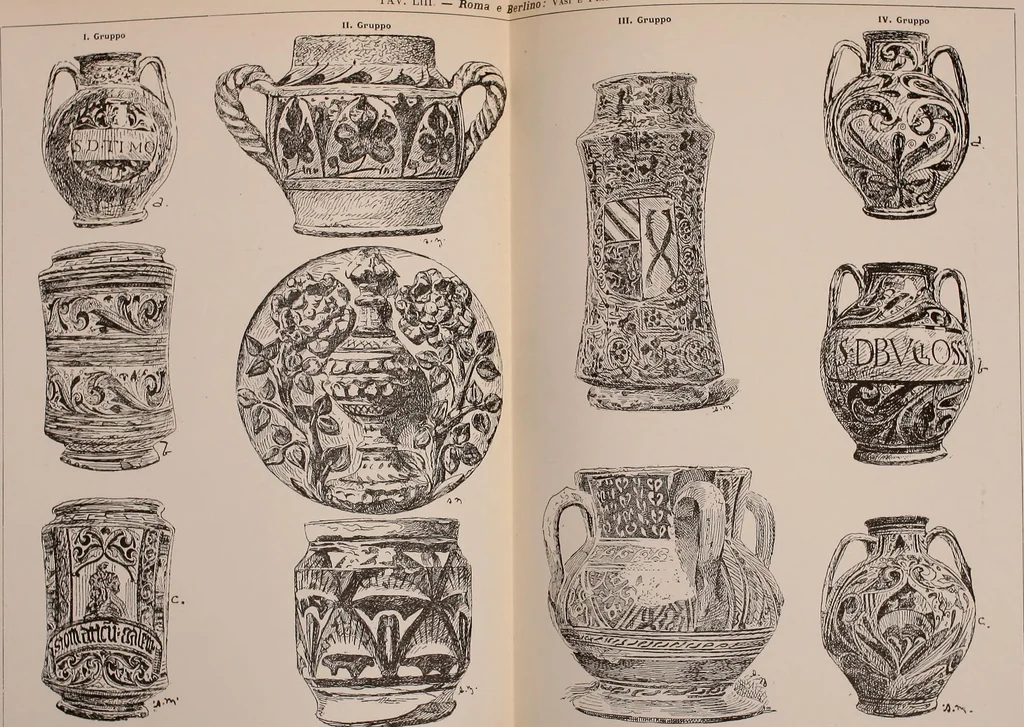 An illustration from L'arte nell'industria : lavori di legno e pastiglia, lavori di metallo, lavori di pietra, marmo, alabastro, ceramica, musaico, vetro, lavori di osso e avorio, lavori tessili, carte da parati e cuoi decorati, ricami, pizzi, cartelloni, stampe, ecc., 1907, leaf 150