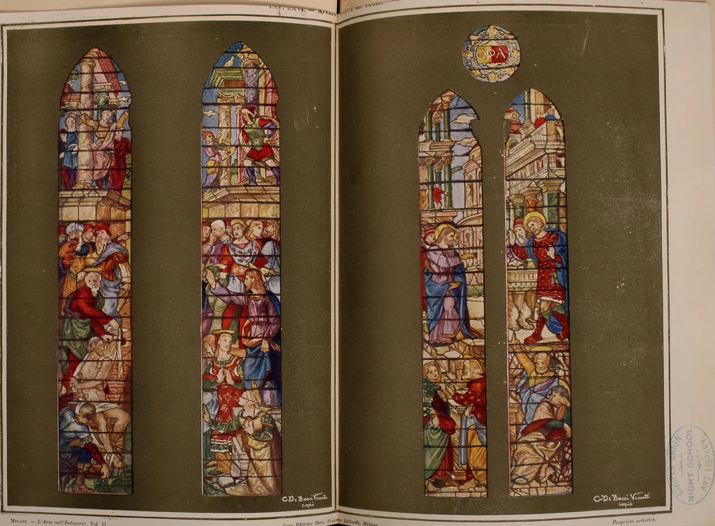 An illustration from L'arte nell'industria : lavori di legno e pastiglia, lavori di metallo, lavori di pietra, marmo, alabastro, ceramica, musaico, vetro, lavori di osso e avorio, lavori tessili, carte da parati e cuoi decorati, ricami, pizzi, cartelloni, stampe, ecc., 1907, leaf 164