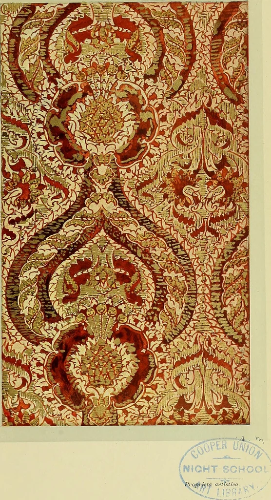 An illustration from L'arte nell'industria : lavori di legno e pastiglia, lavori di metallo, lavori di pietra, marmo, alabastro, ceramica, musaico, vetro, lavori di osso e avorio, lavori tessili, carte da parati e cuoi decorati, ricami, pizzi, cartelloni, stampe, ecc., 1907, leaf 180