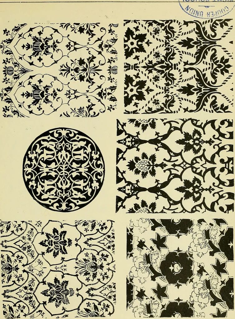An illustration from L'arte nell'industria : lavori di legno e pastiglia, lavori di metallo, lavori di pietra, marmo, alabastro, ceramica, musaico, vetro, lavori di osso e avorio, lavori tessili, carte da parati e cuoi decorati, ricami, pizzi, cartelloni, stampe, ecc., 1907, leaf 198