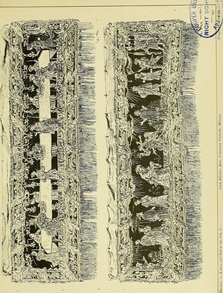 An illustration from L'arte nell'industria : lavori di legno e pastiglia, lavori di metallo, lavori di pietra, marmo, alabastro, ceramica, musaico, vetro, lavori di osso e avorio, lavori tessili, carte da parati e cuoi decorati, ricami, pizzi, cartelloni, stampe, ecc., 1907, leaf 200