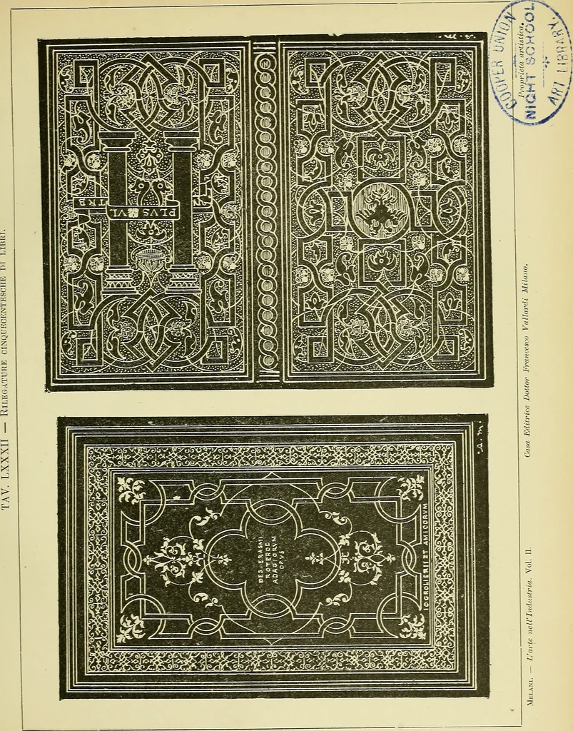 An illustration from L'arte nell'industria : lavori di legno e pastiglia, lavori di metallo, lavori di pietra, marmo, alabastro, ceramica, musaico, vetro, lavori di osso e avorio, lavori tessili, carte da parati e cuoi decorati, ricami, pizzi, cartelloni, stampe, ecc., 1907, leaf 218