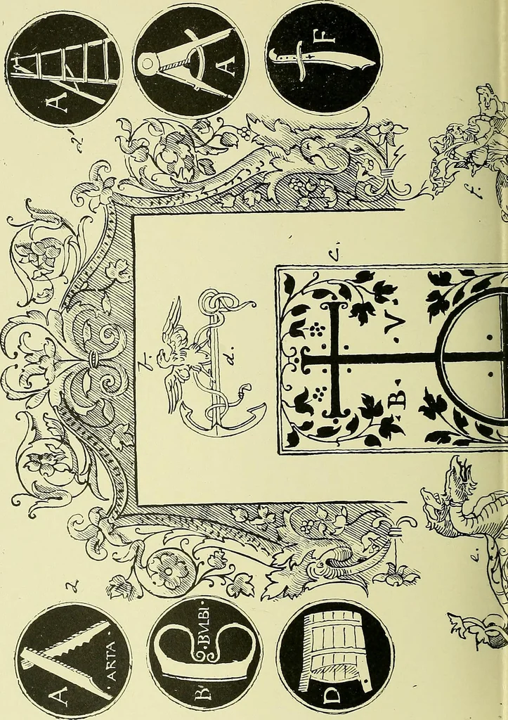 An illustration from L'arte nell'industria : lavori di legno e pastiglia, lavori di metallo, lavori di pietra, marmo, alabastro, ceramica, musaico, vetro, lavori di osso e avorio, lavori tessili, carte da parati e cuoi decorati, ricami, pizzi, cartelloni, stampe, ecc., 1907, leaf 221