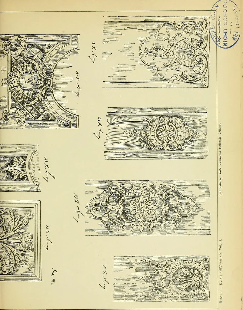 An illustration from L'arte nell'industria : lavori di legno e pastiglia, lavori di metallo, lavori di pietra, marmo, alabastro, ceramica, musaico, vetro, lavori di osso e avorio, lavori tessili, carte da parati e cuoi decorati, ricami, pizzi, cartelloni, stampe, ecc., 1907, leaf 230