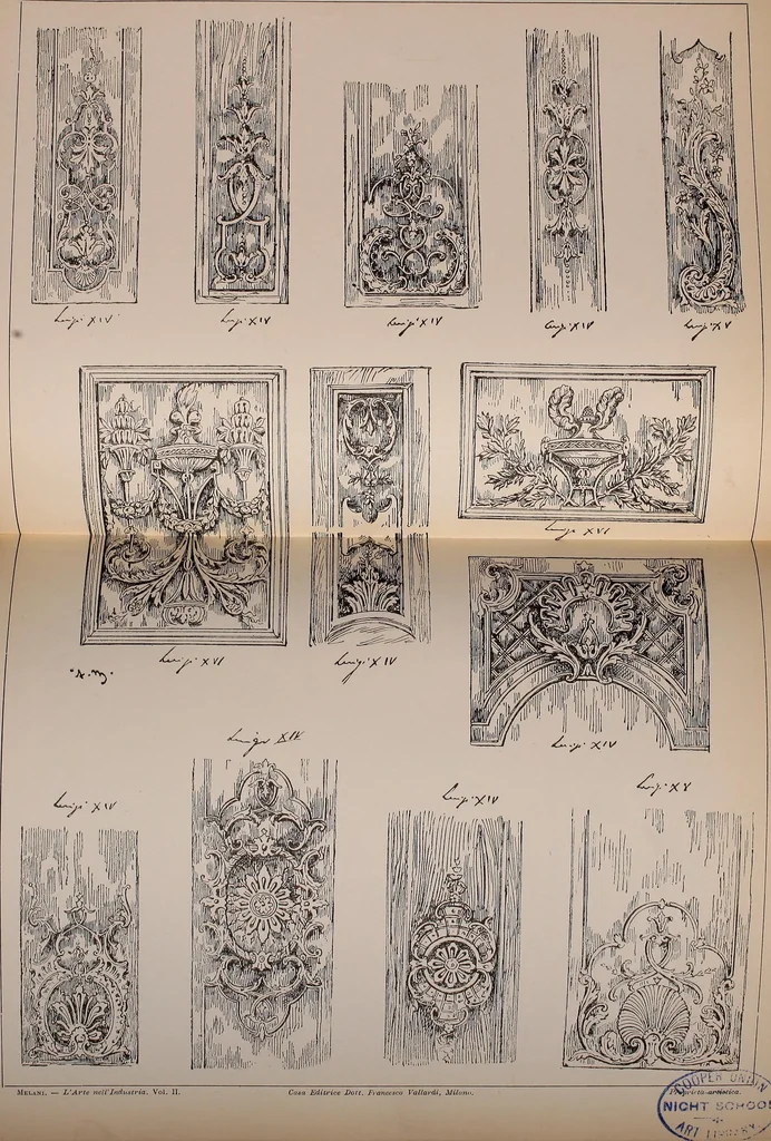An illustration from L'arte nell'industria : lavori di legno e pastiglia, lavori di metallo, lavori di pietra, marmo, alabastro, ceramica, musaico, vetro, lavori di osso e avorio, lavori tessili, carte da parati e cuoi decorati, ricami, pizzi, cartelloni, stampe, ecc., 1907, leaf 232