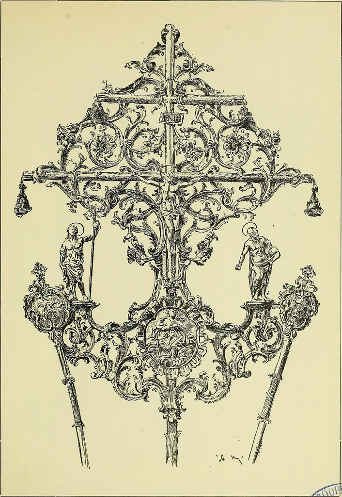 An illustration from L'arte nell'industria : lavori di legno e pastiglia, lavori di metallo, lavori di pietra, marmo, alabastro, ceramica, musaico, vetro, lavori di osso e avorio, lavori tessili, carte da parati e cuoi decorati, ricami, pizzi, cartelloni, stampe, ecc., 1907, leaf 236