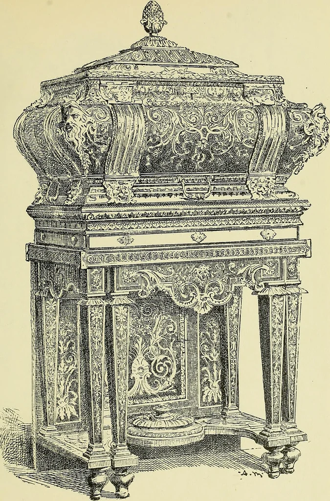An illustration from L'arte nell'industria : lavori di legno e pastiglia, lavori di metallo, lavori di pietra, marmo, alabastro, ceramica, musaico, vetro, lavori di osso e avorio, lavori tessili, carte da parati e cuoi decorati, ricami, pizzi, cartelloni, stampe, ecc., 1907, leaf 238