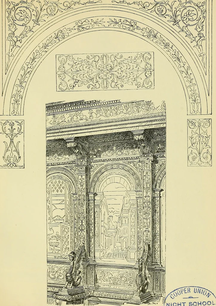 An illustration from L'arte nell'industria : lavori di legno e pastiglia, lavori di metallo, lavori di pietra, marmo, alabastro, ceramica, musaico, vetro, lavori di osso e avorio, lavori tessili, carte da parati e cuoi decorati, ricami, pizzi, cartelloni, stampe, ecc., 1907, leaf 24
