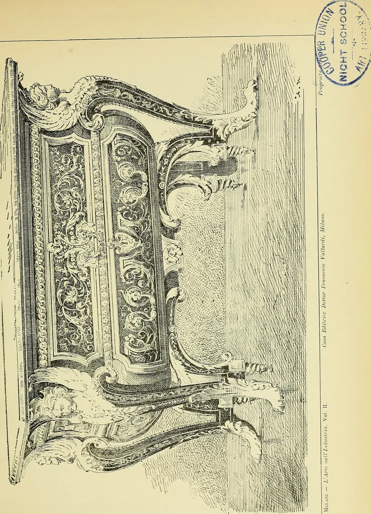 An illustration from L'arte nell'industria : lavori di legno e pastiglia, lavori di metallo, lavori di pietra, marmo, alabastro, ceramica, musaico, vetro, lavori di osso e avorio, lavori tessili, carte da parati e cuoi decorati, ricami, pizzi, cartelloni, stampe, ecc., 1907, leaf 240
