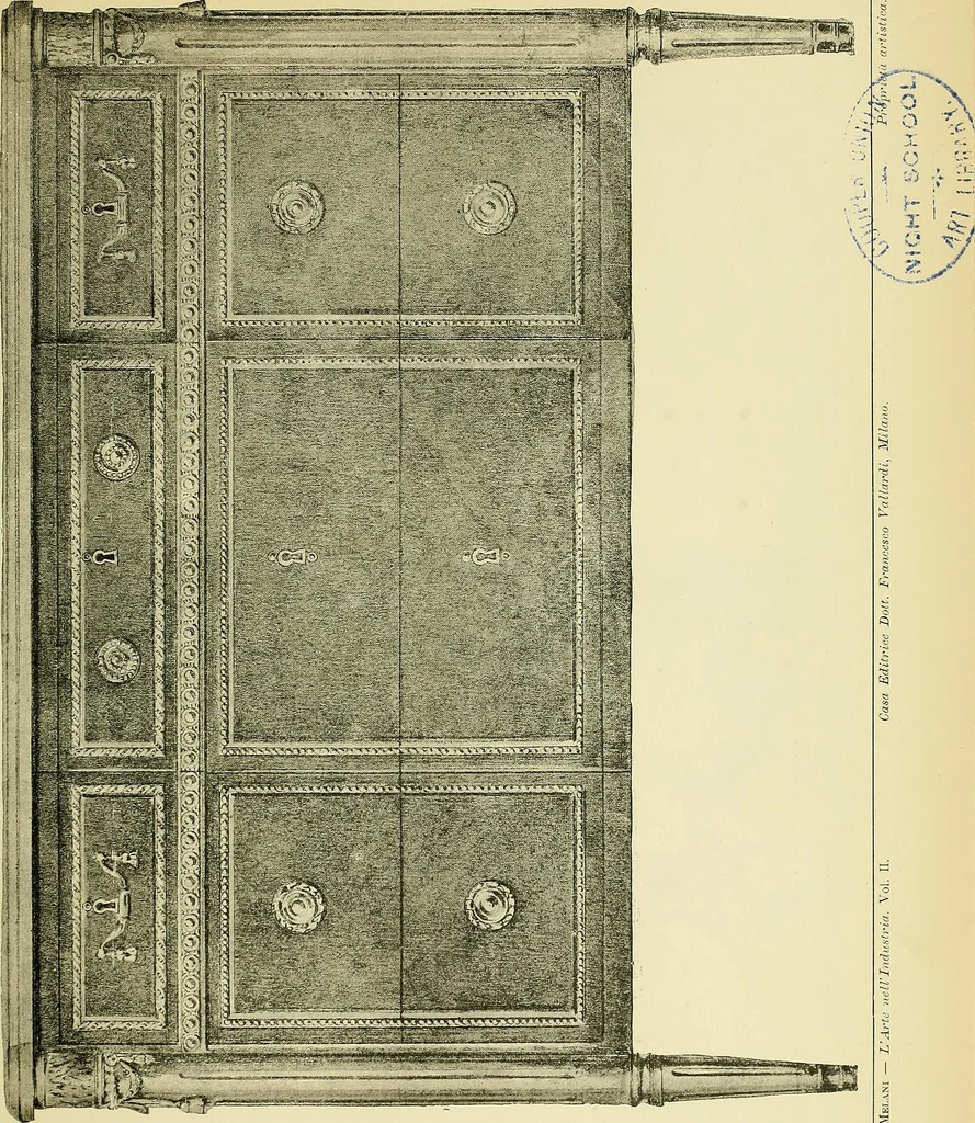 An illustration from L'arte nell'industria : lavori di legno e pastiglia, lavori di metallo, lavori di pietra, marmo, alabastro, ceramica, musaico, vetro, lavori di osso e avorio, lavori tessili, carte da parati e cuoi decorati, ricami, pizzi, cartelloni, stampe, ecc., 1907, leaf 244
