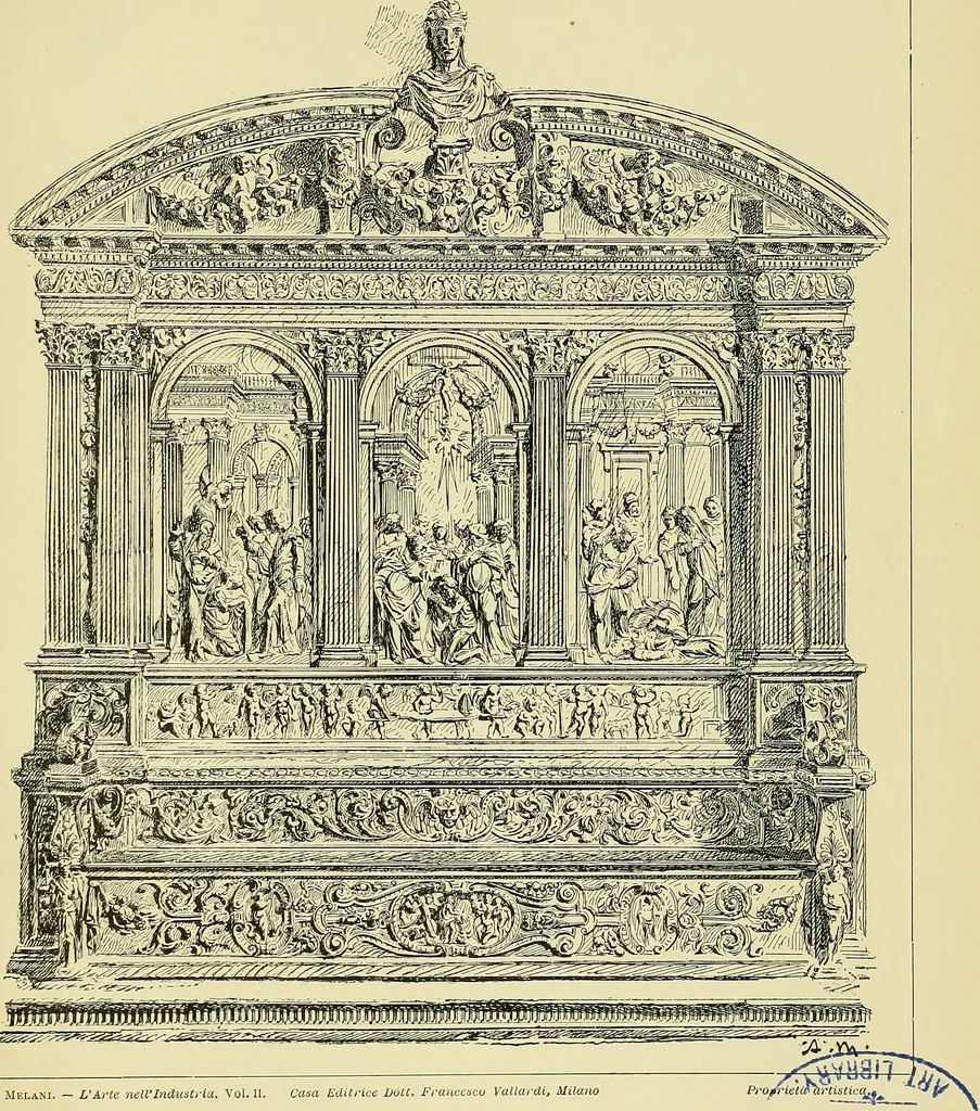 An illustration from L'arte nell'industria : lavori di legno e pastiglia, lavori di metallo, lavori di pietra, marmo, alabastro, ceramica, musaico, vetro, lavori di osso e avorio, lavori tessili, carte da parati e cuoi decorati, ricami, pizzi, cartelloni, stampe, ecc., 1907, leaf 26