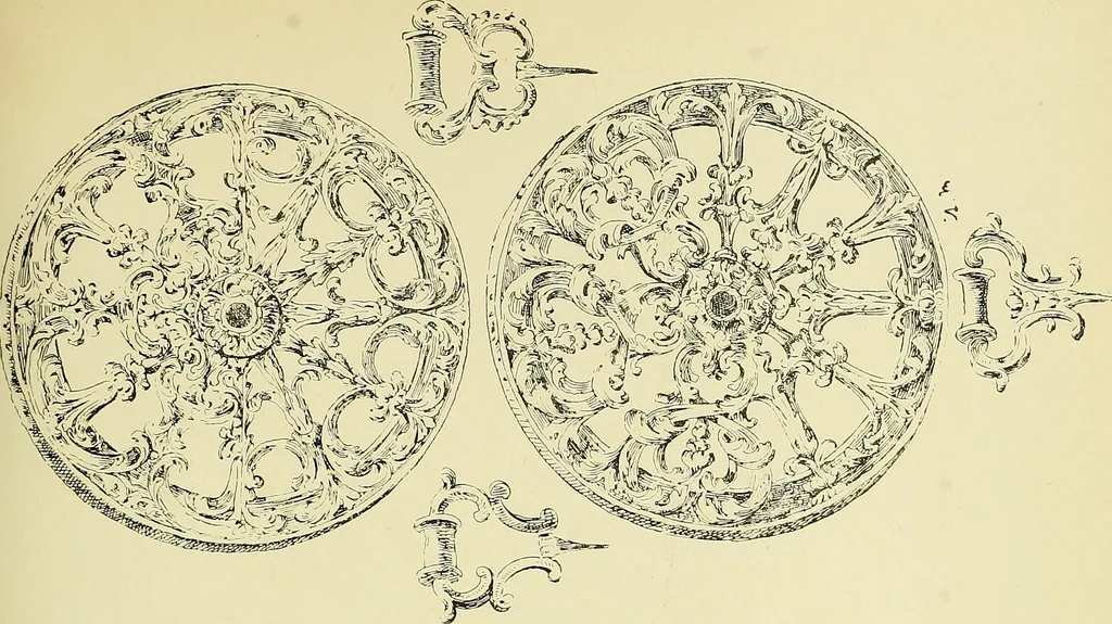 An illustration from L'arte nell'industria : lavori di legno e pastiglia, lavori di metallo, lavori di pietra, marmo, alabastro, ceramica, musaico, vetro, lavori di osso e avorio, lavori tessili, carte da parati e cuoi decorati, ricami, pizzi, cartelloni, stampe, ecc., 1907, leaf 262