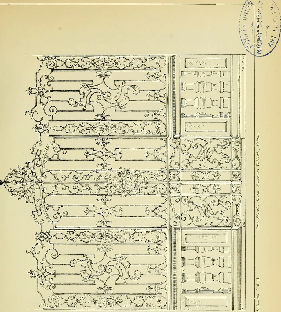 An illustration from L'arte nell'industria : lavori di legno e pastiglia, lavori di metallo, lavori di pietra, marmo, alabastro, ceramica, musaico, vetro, lavori di osso e avorio, lavori tessili, carte da parati e cuoi decorati, ricami, pizzi, cartelloni, stampe, ecc., 1907, leaf 270