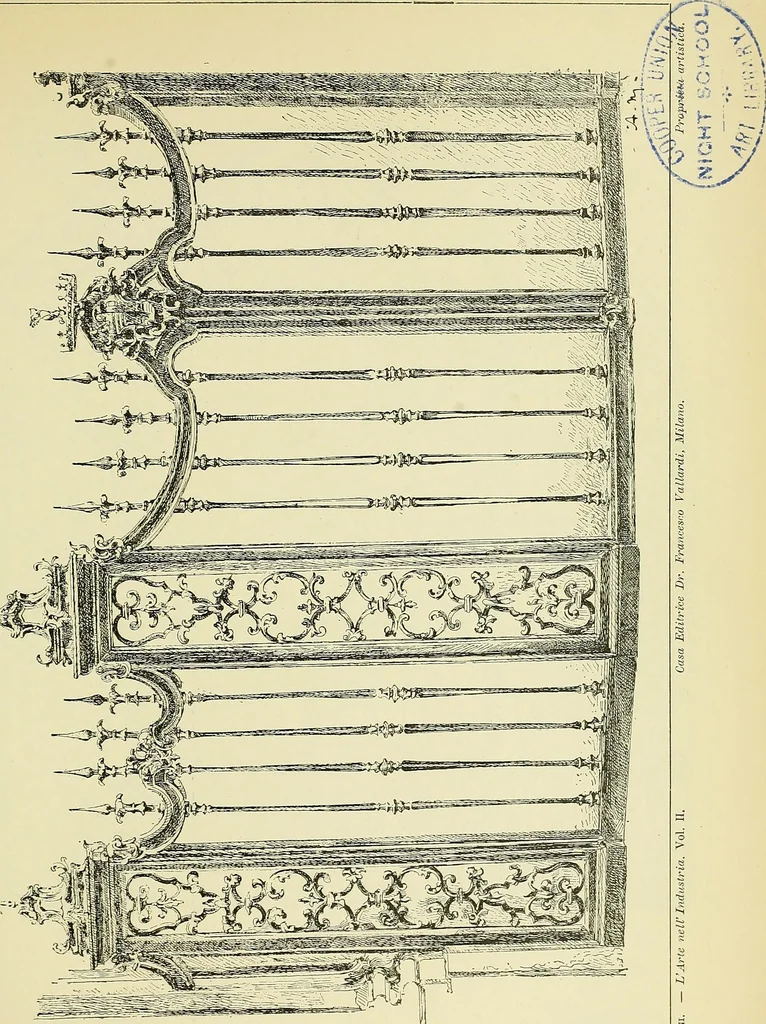 An illustration from L'arte nell'industria : lavori di legno e pastiglia, lavori di metallo, lavori di pietra, marmo, alabastro, ceramica, musaico, vetro, lavori di osso e avorio, lavori tessili, carte da parati e cuoi decorati, ricami, pizzi, cartelloni, stampe, ecc., 1907, leaf 272