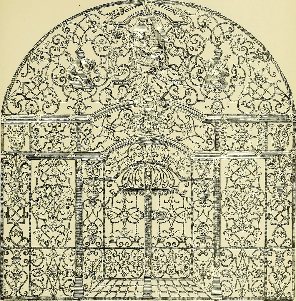 An illustration from L'arte nell'industria : lavori di legno e pastiglia, lavori di metallo, lavori di pietra, marmo, alabastro, ceramica, musaico, vetro, lavori di osso e avorio, lavori tessili, carte da parati e cuoi decorati, ricami, pizzi, cartelloni, stampe, ecc., 1907, leaf 274