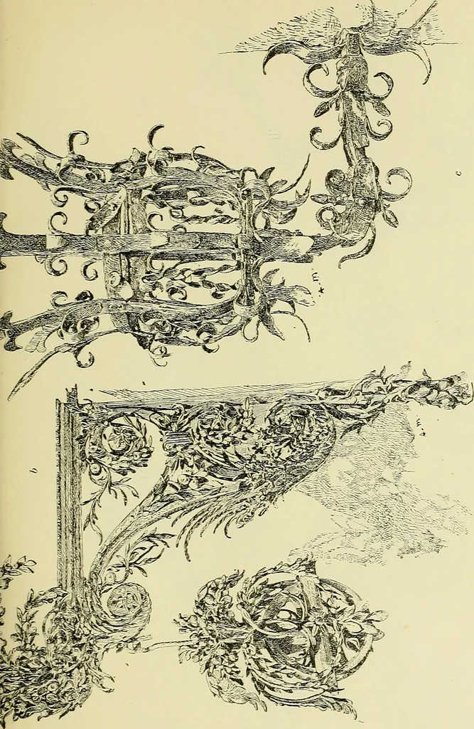 An illustration from L'arte nell'industria : lavori di legno e pastiglia, lavori di metallo, lavori di pietra, marmo, alabastro, ceramica, musaico, vetro, lavori di osso e avorio, lavori tessili, carte da parati e cuoi decorati, ricami, pizzi, cartelloni, stampe, ecc., 1907, leaf 280