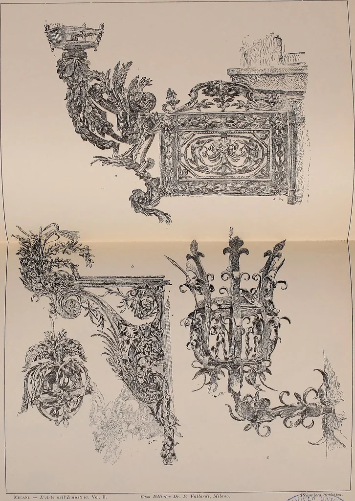An illustration from L'arte nell'industria : lavori di legno e pastiglia, lavori di metallo, lavori di pietra, marmo, alabastro, ceramica, musaico, vetro, lavori di osso e avorio, lavori tessili, carte da parati e cuoi decorati, ricami, pizzi, cartelloni, stampe, ecc., 1907, leaf 282
