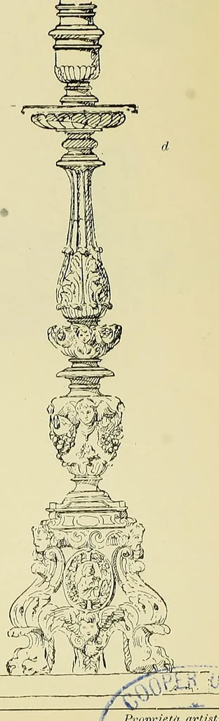 An illustration from L'arte nell'industria : lavori di legno e pastiglia, lavori di metallo, lavori di pietra, marmo, alabastro, ceramica, musaico, vetro, lavori di osso e avorio, lavori tessili, carte da parati e cuoi decorati, ricami, pizzi, cartelloni, stampe, ecc., 1907, leaf 286