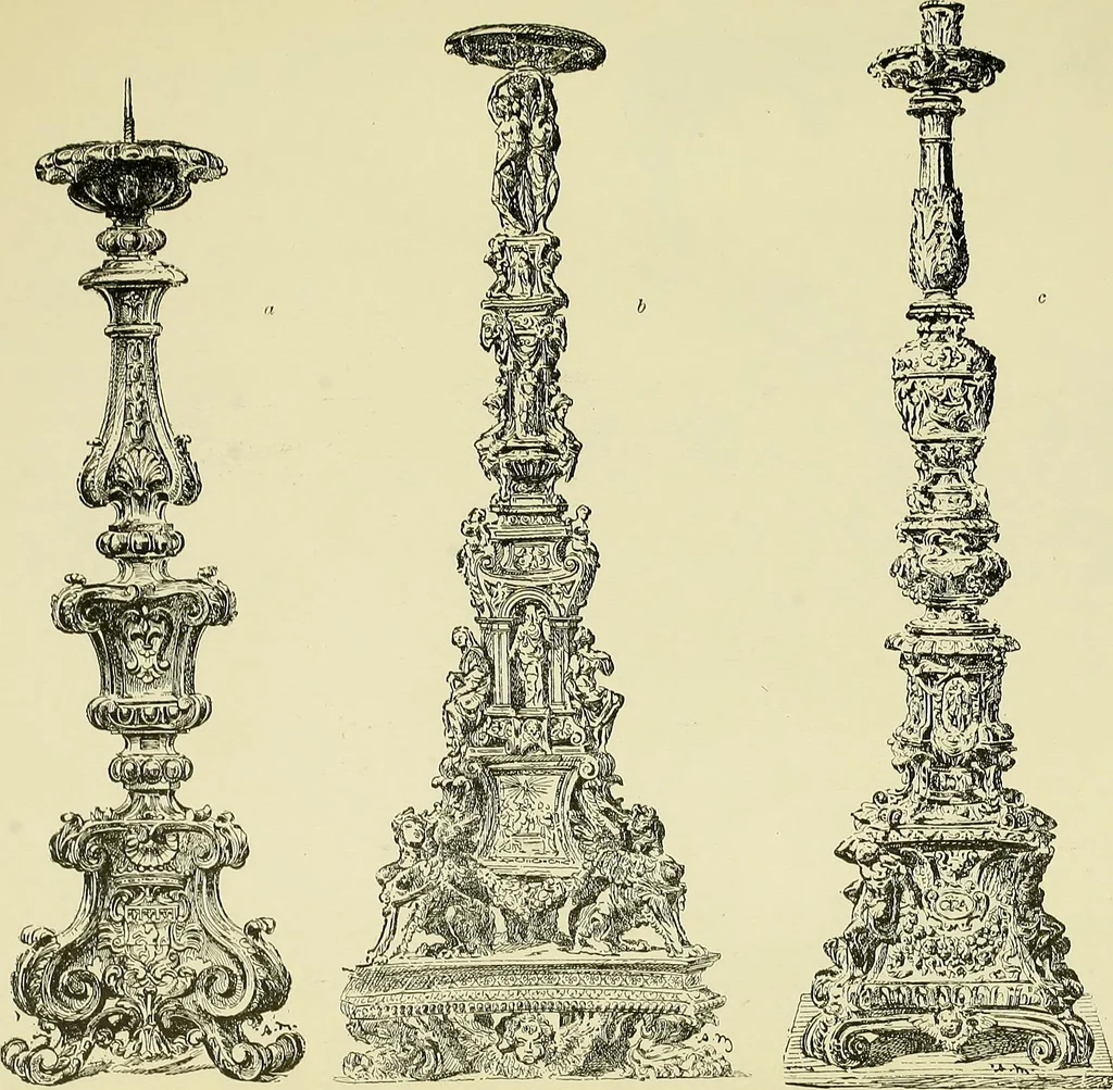 An illustration from L'arte nell'industria : lavori di legno e pastiglia, lavori di metallo, lavori di pietra, marmo, alabastro, ceramica, musaico, vetro, lavori di osso e avorio, lavori tessili, carte da parati e cuoi decorati, ricami, pizzi, cartelloni, stampe, ecc., 1907, leaf 286