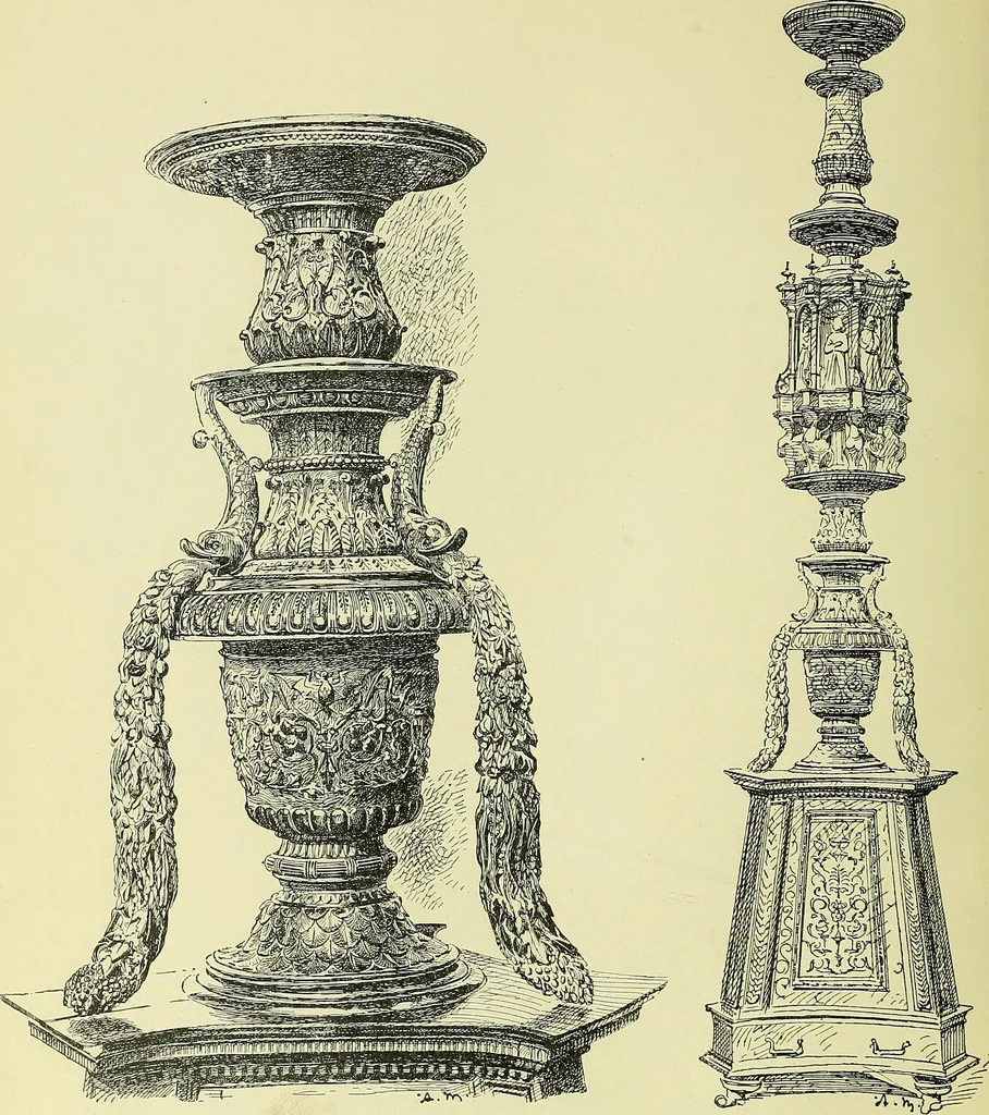 An illustration from L'arte nell'industria : lavori di legno e pastiglia, lavori di metallo, lavori di pietra, marmo, alabastro, ceramica, musaico, vetro, lavori di osso e avorio, lavori tessili, carte da parati e cuoi decorati, ricami, pizzi, cartelloni, stampe, ecc., 1907, leaf 29
