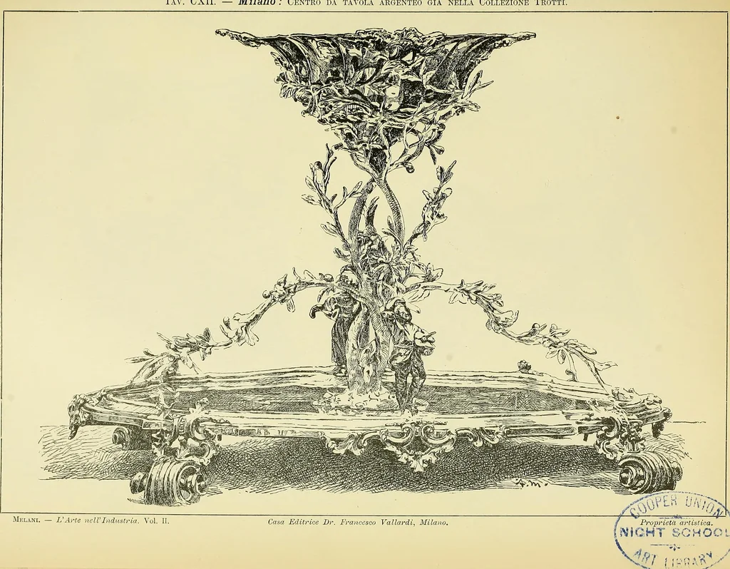 An illustration from L'arte nell'industria : lavori di legno e pastiglia, lavori di metallo, lavori di pietra, marmo, alabastro, ceramica, musaico, vetro, lavori di osso e avorio, lavori tessili, carte da parati e cuoi decorati, ricami, pizzi, cartelloni, stampe, ecc., 1907, leaf 298