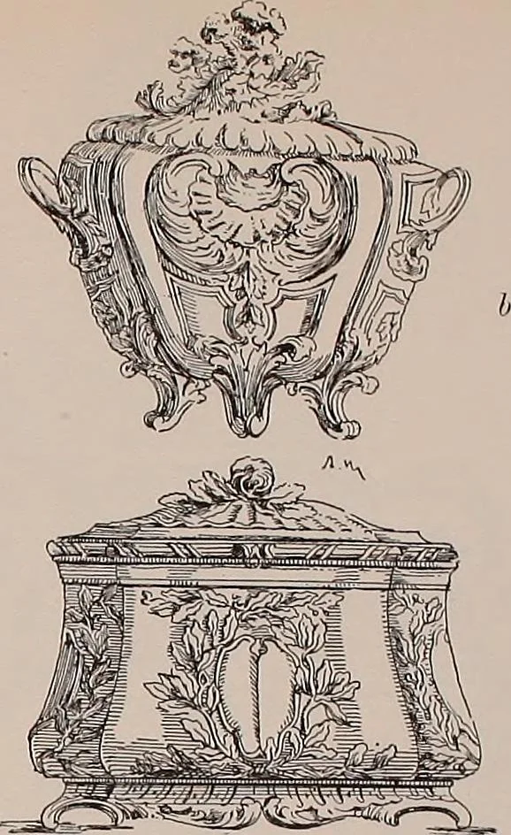 An illustration from L'arte nell'industria : lavori di legno e pastiglia, lavori di metallo, lavori di pietra, marmo, alabastro, ceramica, musaico, vetro, lavori di osso e avorio, lavori tessili, carte da parati e cuoi decorati, ricami, pizzi, cartelloni, stampe, ecc., 1907, leaf 306