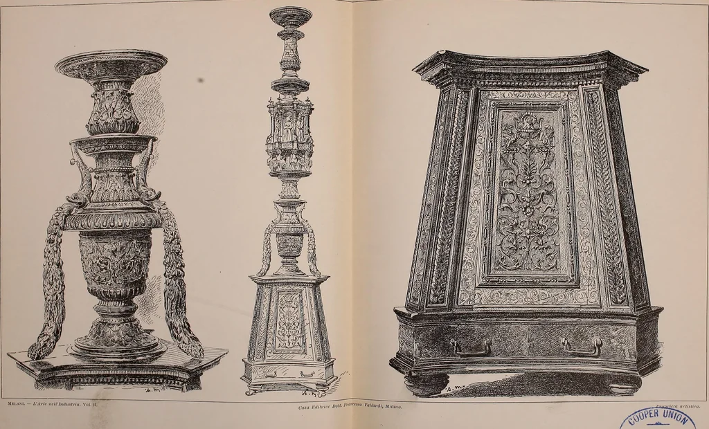 An illustration from L'arte nell'industria : lavori di legno e pastiglia, lavori di metallo, lavori di pietra, marmo, alabastro, ceramica, musaico, vetro, lavori di osso e avorio, lavori tessili, carte da parati e cuoi decorati, ricami, pizzi, cartelloni, stampe, ecc., 1907, leaf 32