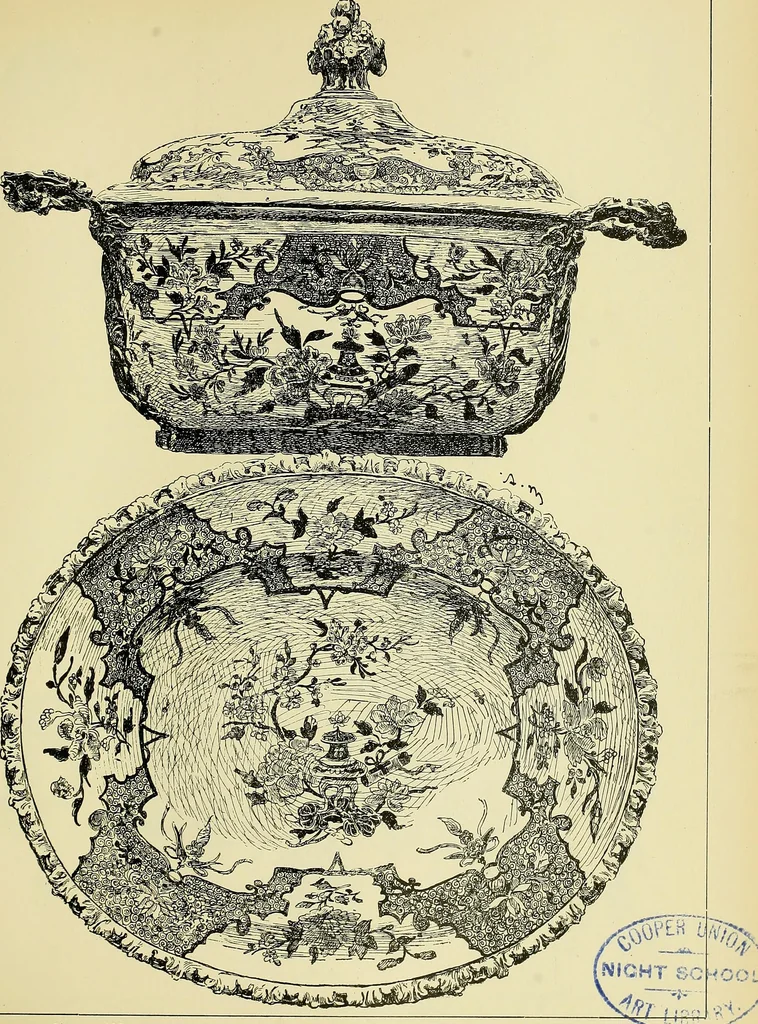 An illustration from L'arte nell'industria : lavori di legno e pastiglia, lavori di metallo, lavori di pietra, marmo, alabastro, ceramica, musaico, vetro, lavori di osso e avorio, lavori tessili, carte da parati e cuoi decorati, ricami, pizzi, cartelloni, stampe, ecc., 1907, leaf 326