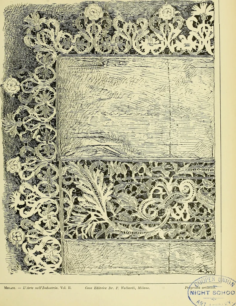 An illustration from L'arte nell'industria : lavori di legno e pastiglia, lavori di metallo, lavori di pietra, marmo, alabastro, ceramica, musaico, vetro, lavori di osso e avorio, lavori tessili, carte da parati e cuoi decorati, ricami, pizzi, cartelloni, stampe, ecc., 1907, leaf 336