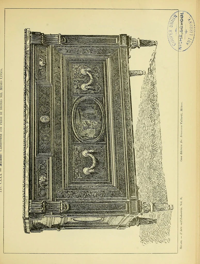 An illustration from L'arte nell'industria : lavori di legno e pastiglia, lavori di metallo, lavori di pietra, marmo, alabastro, ceramica, musaico, vetro, lavori di osso e avorio, lavori tessili, carte da parati e cuoi decorati, ricami, pizzi, cartelloni, stampe, ecc., 1907, leaf 348