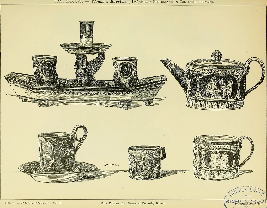 An illustration from L'arte nell'industria : lavori di legno e pastiglia, lavori di metallo, lavori di pietra, marmo, alabastro, ceramica, musaico, vetro, lavori di osso e avorio, lavori tessili, carte da parati e cuoi decorati, ricami, pizzi, cartelloni, stampe, ecc., 1907, leaf 366