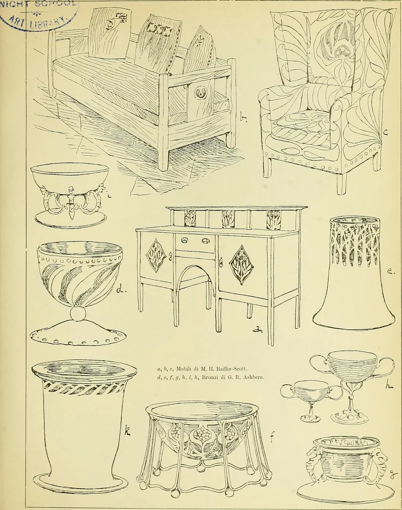 An illustration from L'arte nell'industria : lavori di legno e pastiglia, lavori di metallo, lavori di pietra, marmo, alabastro, ceramica, musaico, vetro, lavori di osso e avorio, lavori tessili, carte da parati e cuoi decorati, ricami, pizzi, cartelloni, stampe, ecc., 1907, leaf 372