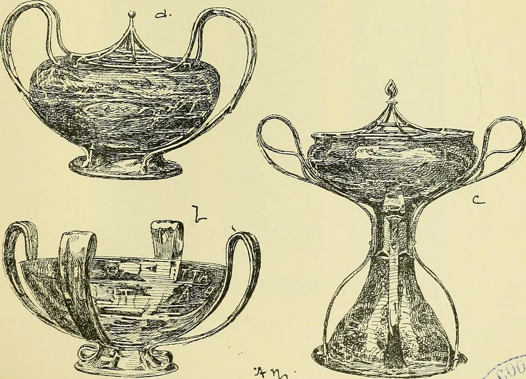 An illustration from L'arte nell'industria : lavori di legno e pastiglia, lavori di metallo, lavori di pietra, marmo, alabastro, ceramica, musaico, vetro, lavori di osso e avorio, lavori tessili, carte da parati e cuoi decorati, ricami, pizzi, cartelloni, stampe, ecc., 1907, leaf 374